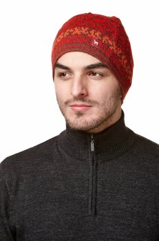 Alpaka Mütze "Chimu" im Jaquard Muster gefüttert mit Baumwolle rot M
